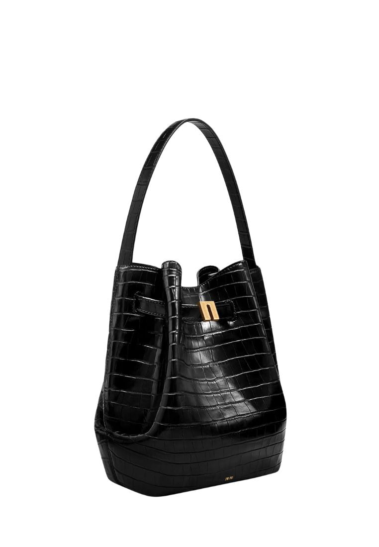 Clara Lock Accent Bucket Shoulder Bag - Black Croc