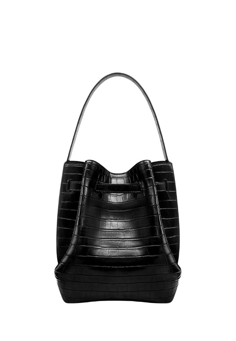 Clara Lock Accent Bucket Shoulder Bag - Black Croc