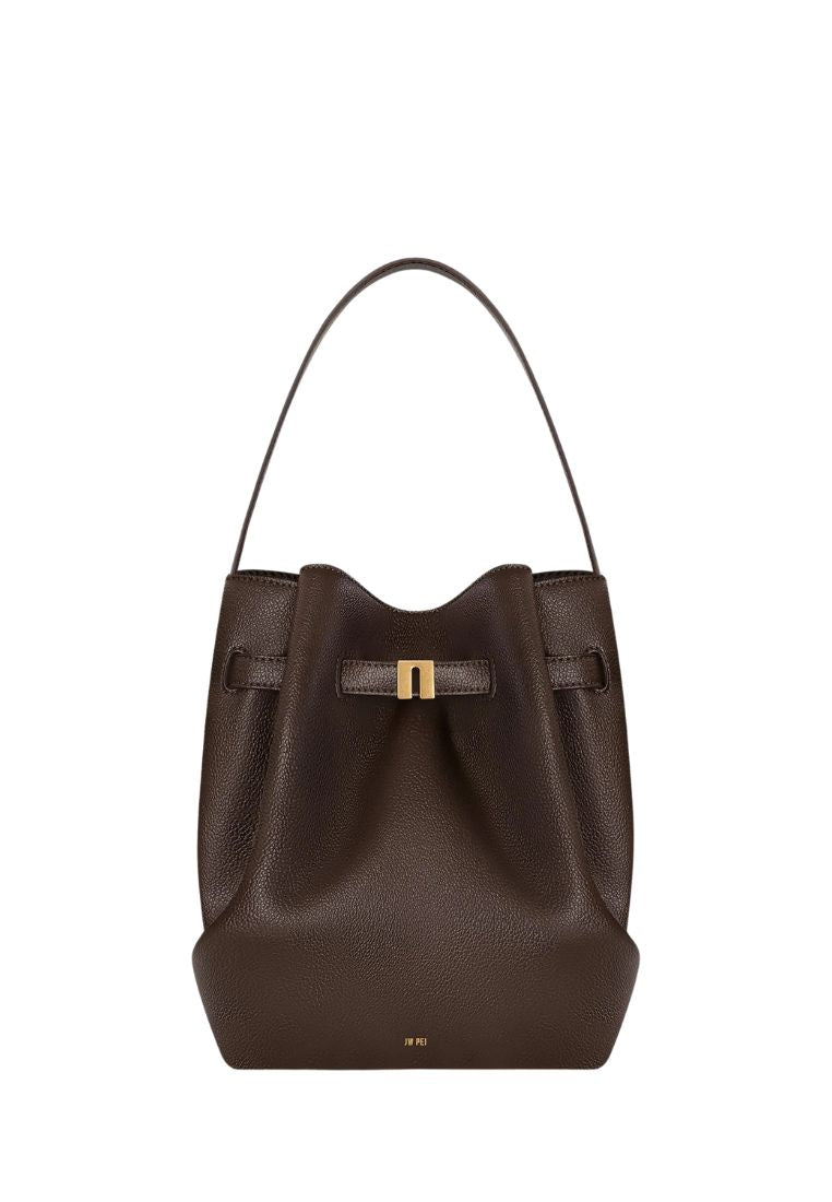 Clara Lock Accent Bucket Shoulder Bag - Mocha Brown