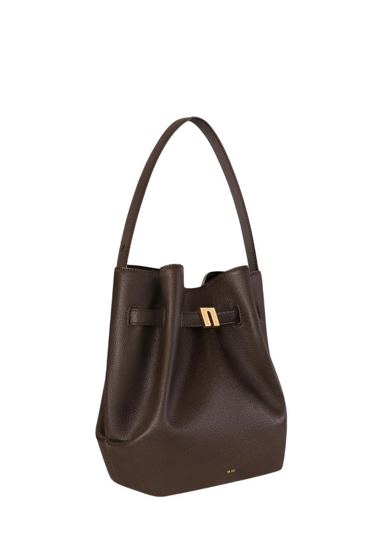 Clara Lock Accent Bucket Shoulder Bag - Mocha Brown