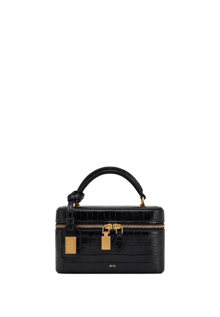 Cleo Box Shape Top Handle Bag - Black Croc