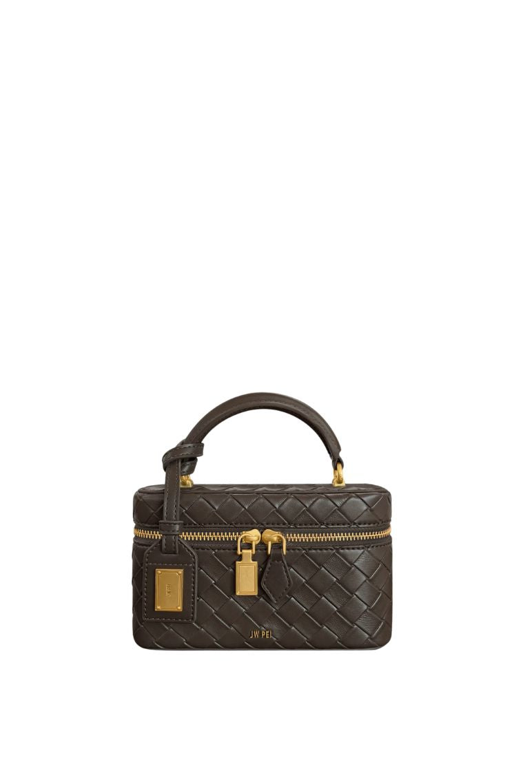 Cleo Woven Texture Box Shape Top Handle Bag - Dark Brown