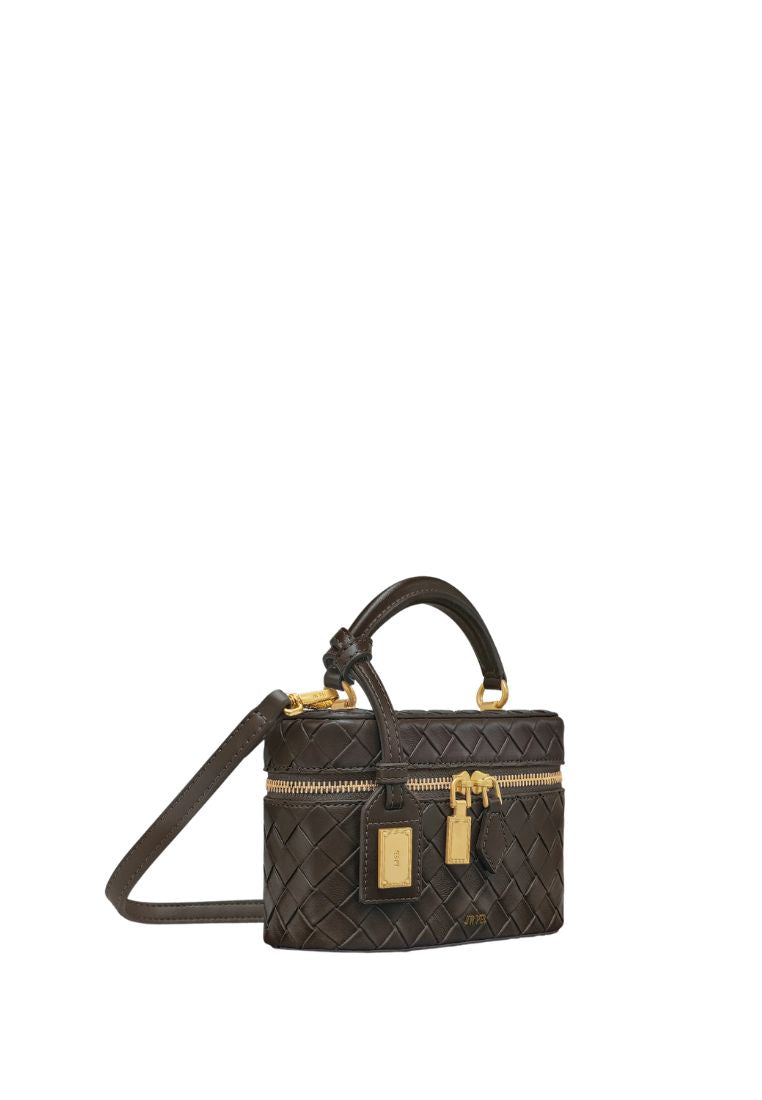 Cleo Woven Texture Box Shape Top Handle Bag - Dark Brown