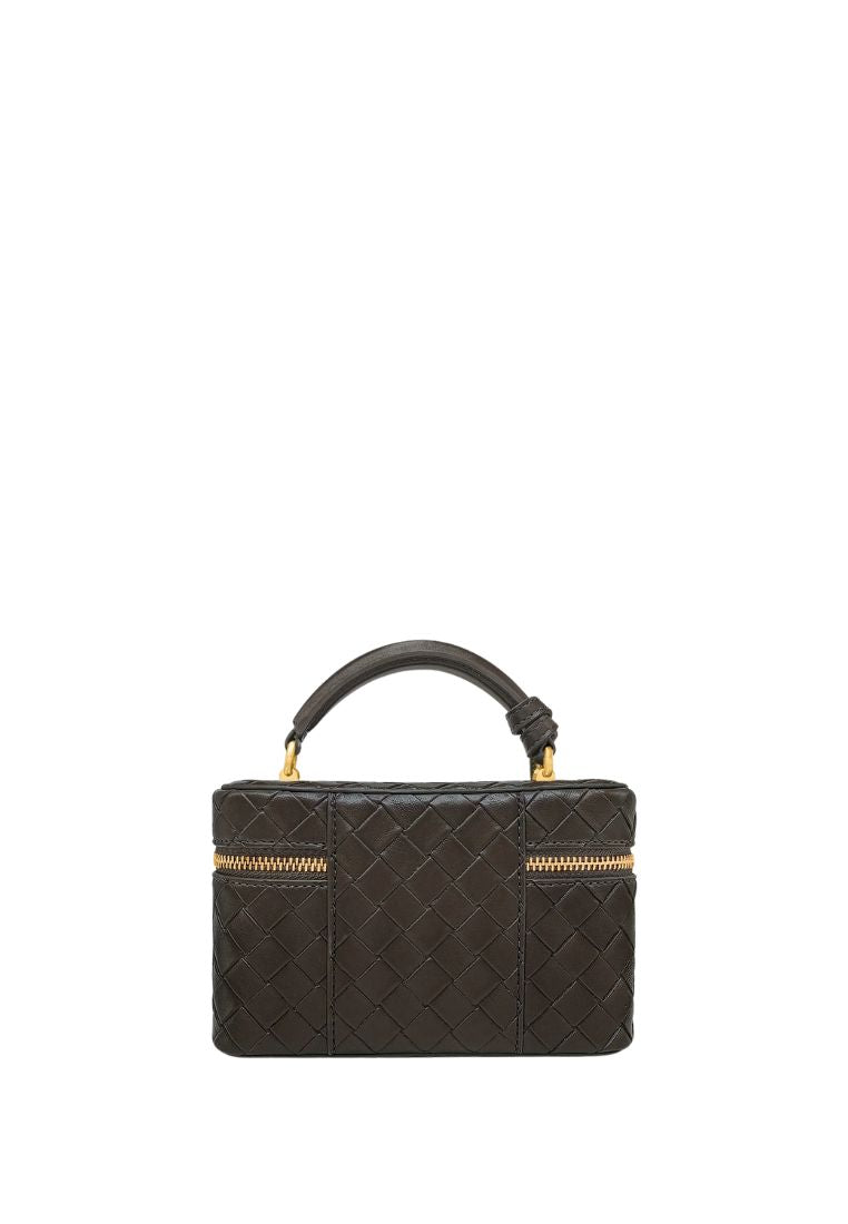 Cleo Woven Texture Box Shape Top Handle Bag - Dark Brown