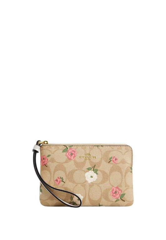 Corner Zip Wristlet In Signature Canvas With Floral Print Gold Light Khaki Chalk Multi
