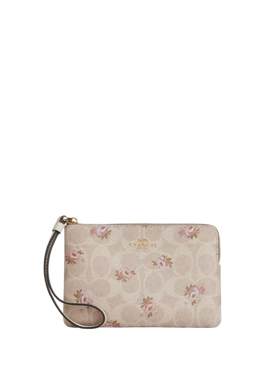 Corner Zip Wristlet In Signature Canvas With Floral Print Gold Sand Multi
