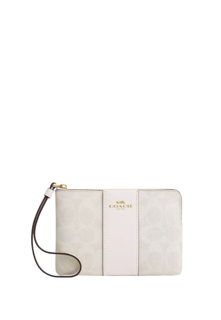 Corner Zip Wristlet In Signature Canvas With Stripe Gold White Chalk
