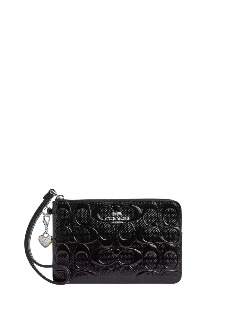 Corner Zip Wristlet In Signature Leather With Heart Charm Silver Black