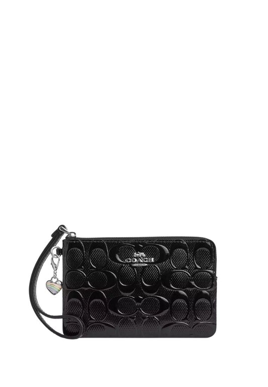 Corner Zip Wristlet In Signature Leather With Heart Charm Silver Black