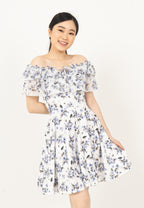 KOREAN SABRINA FLORAL DRESS - BLUE