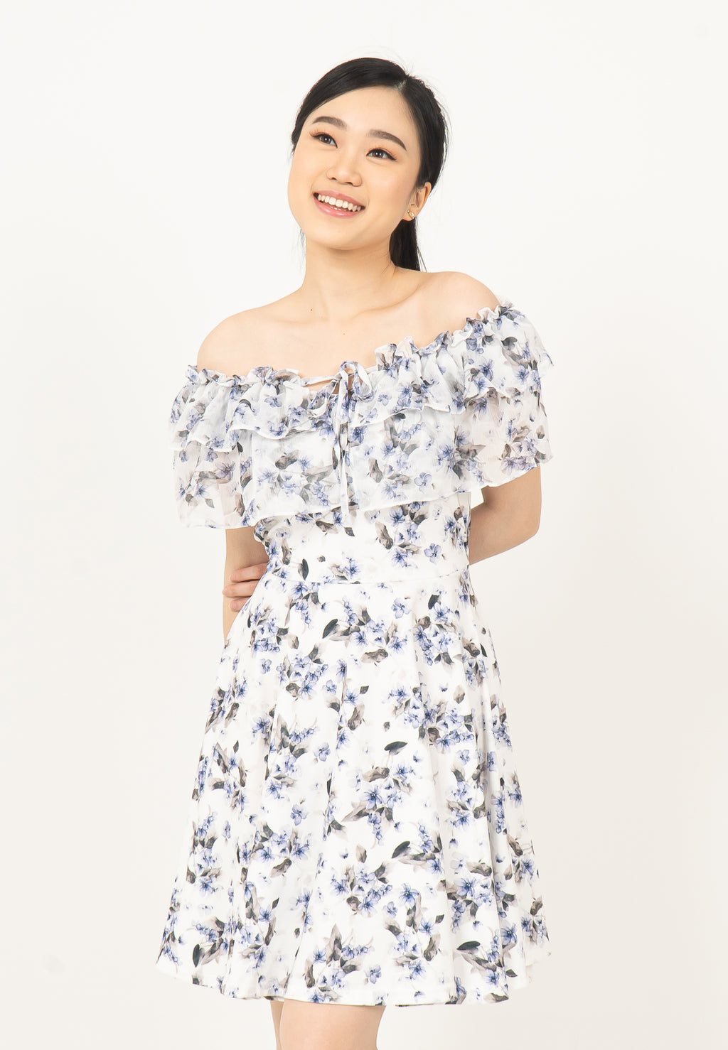 KOREAN SABRINA FLORAL DRESS - BLUE