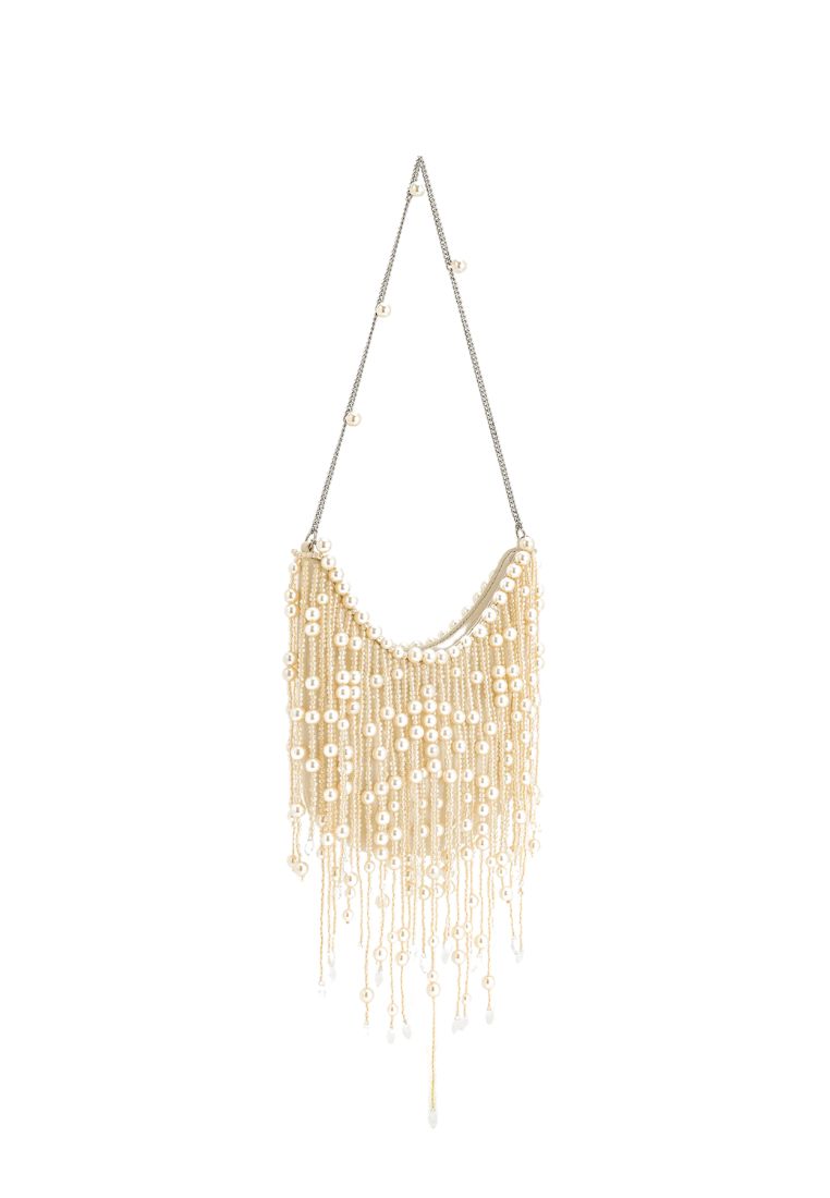 Elaine Pearl Embellished Fringe Bag - White