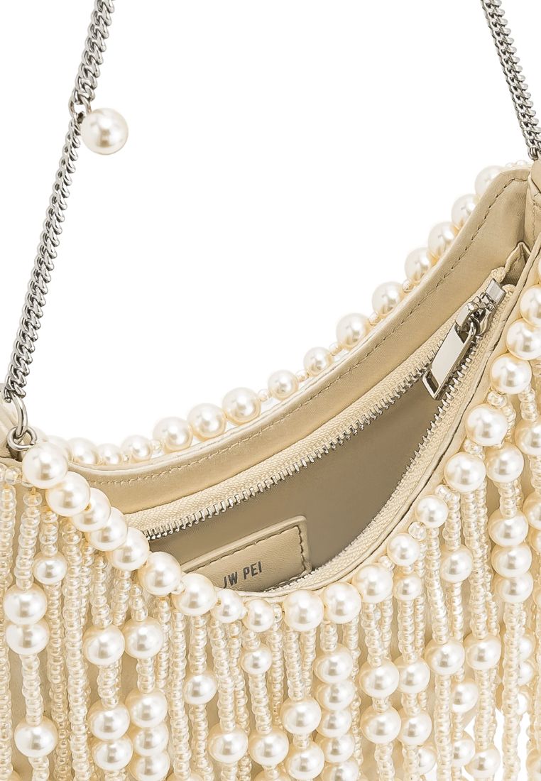 Elaine Pearl Embellished Fringe Bag - White
