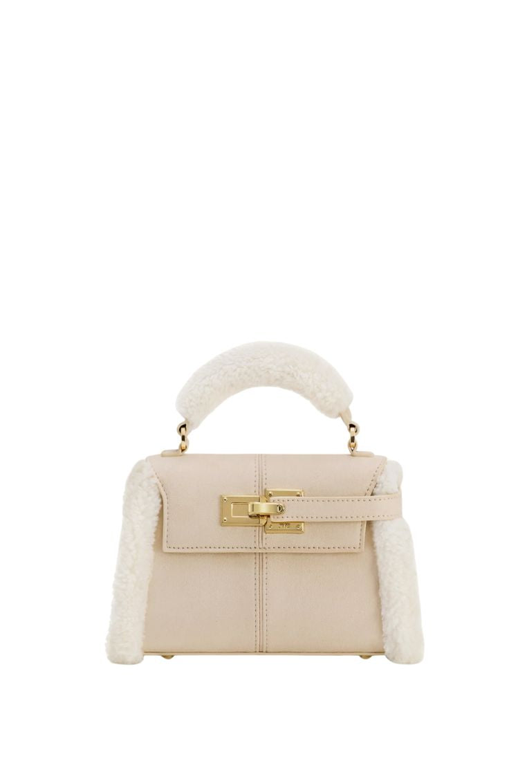 Elise Faux Suede Shearling Trim Top Handle Bag - Taupe