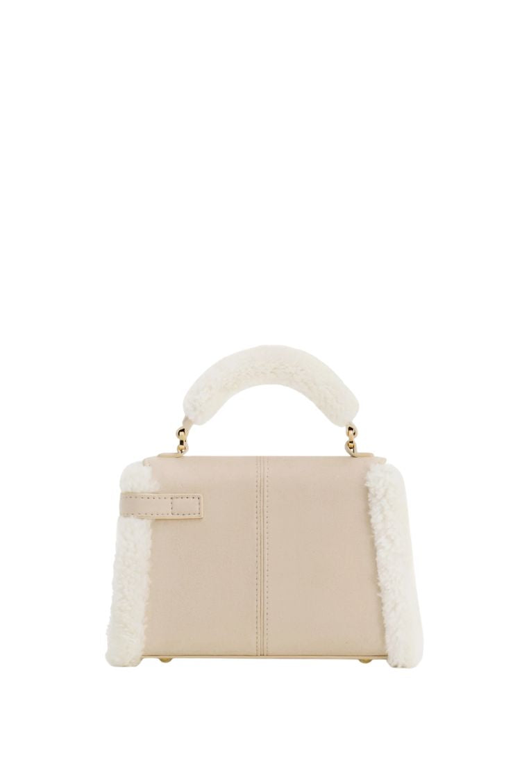 Elise Faux Suede Shearling Trim Top Handle Bag - Taupe