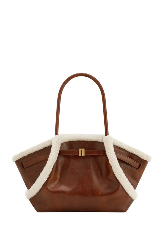 Hana Medium Faux Shearling Trim Tote Bag - Brown