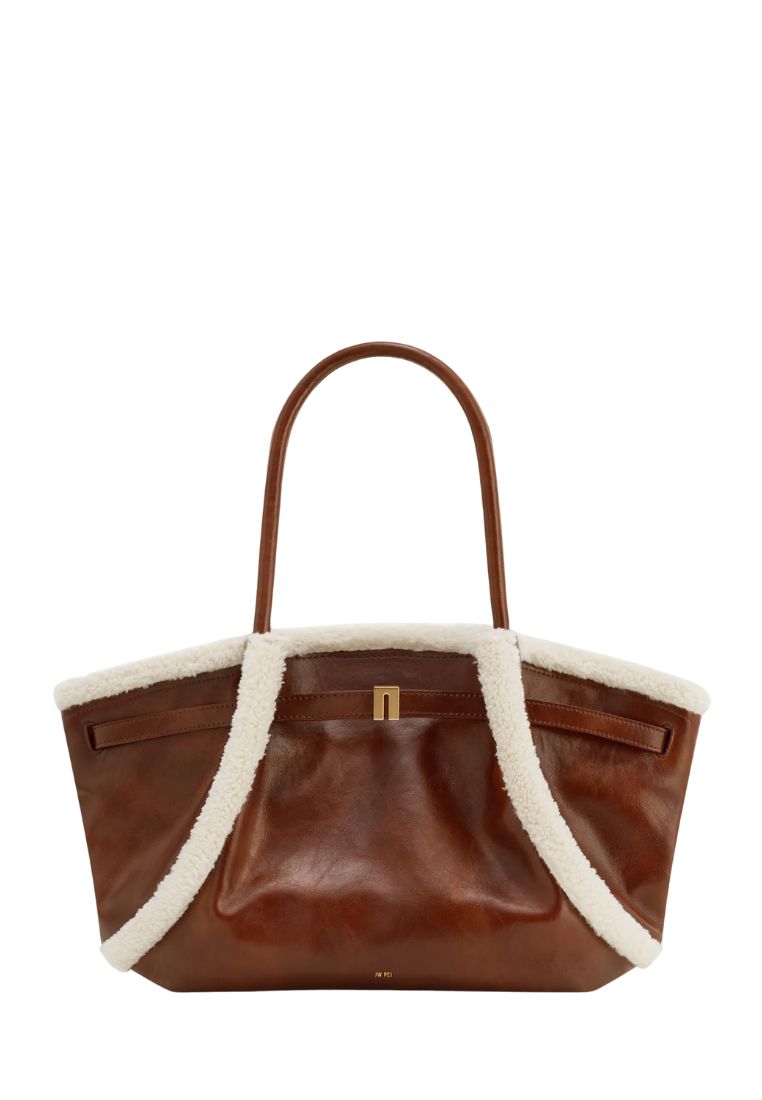 Hana Medium Faux Shearling Trim Tote Bag - Brown