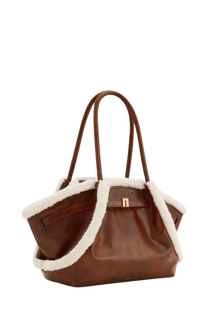 Hana Medium Faux Shearling Trim Tote Bag - Brown