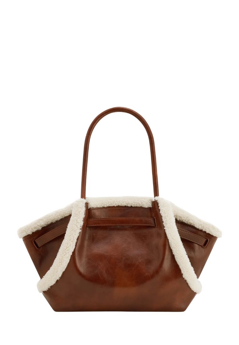 Hana Medium Faux Shearling Trim Tote Bag - Brown