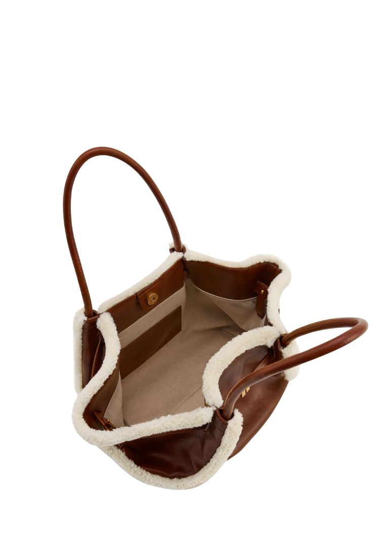 Hana Medium Faux Shearling Trim Tote Bag - Brown