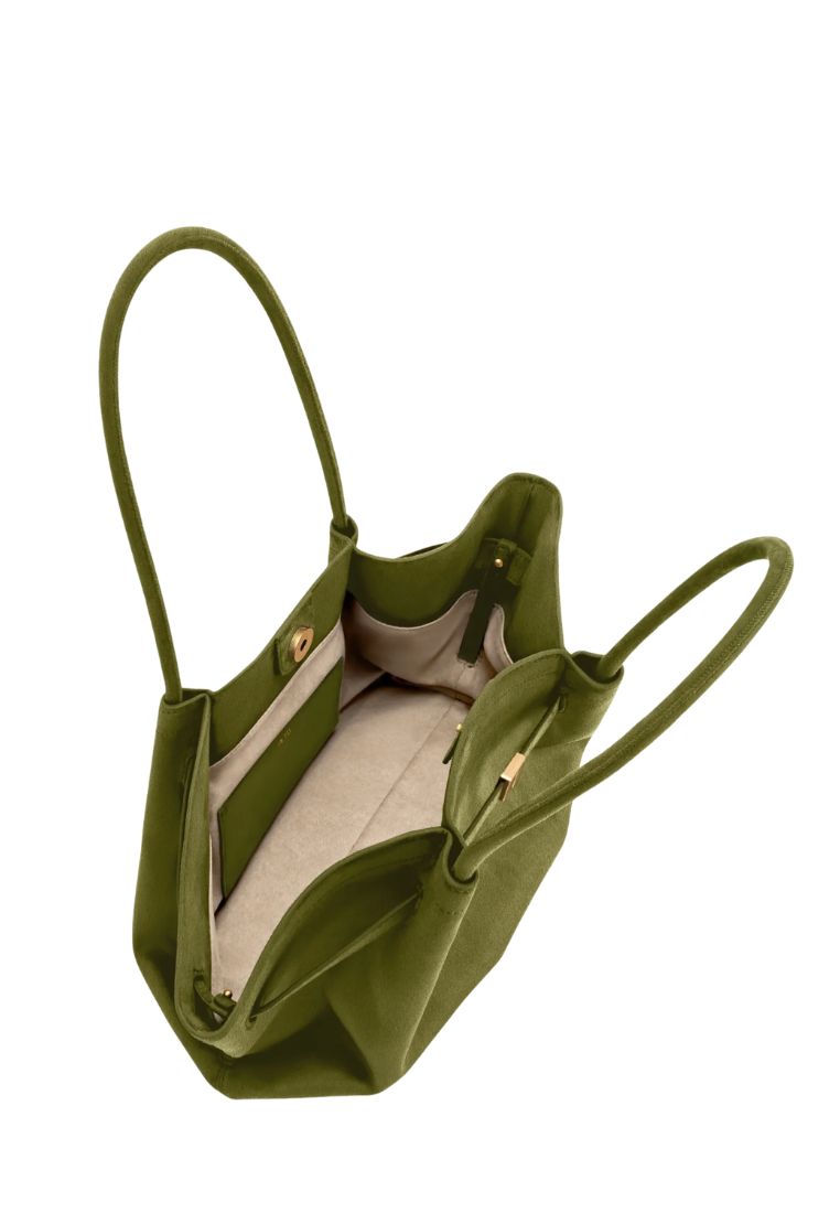 Hana Wide Faux Suede Tote Bag - Olive Green