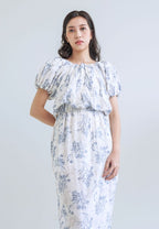 [MADE] High Linen Flower Off Shoulder Dress Blue Ivory