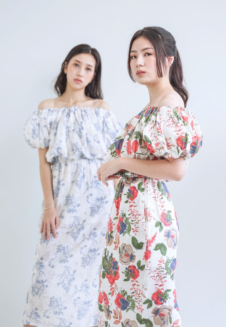 [MADE] High Linen Flower Off Shoulder Dress Red Ivory