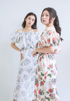 [MADE] High Linen Flower Off Shoulder Dress Blue Ivory