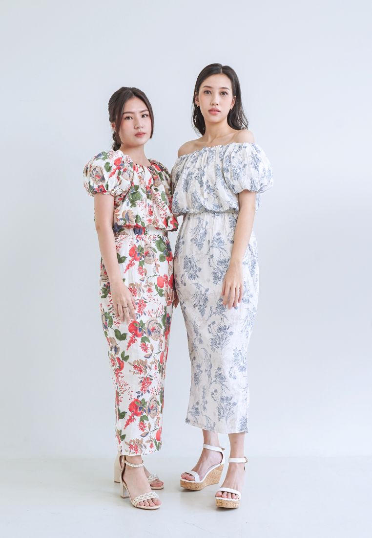 [MADE] High Linen Flower Off Shoulder Dress Red Ivory