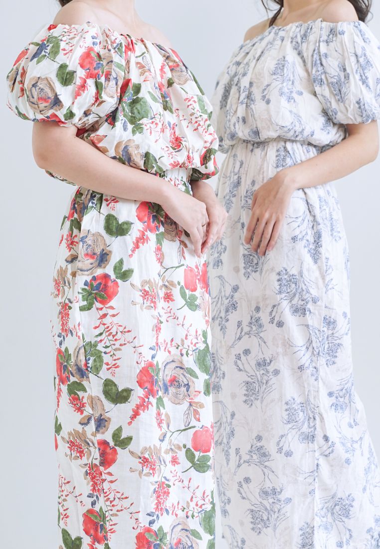 [MADE] High Linen Flower Off Shoulder Dress Red Ivory