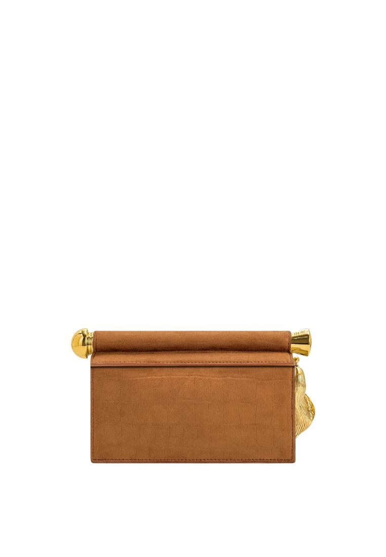 Holly Faux Suede Metal Pendant Embellished Clutch - Brown
