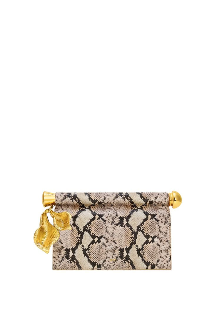 Holly Metal Pendant Embellished Snakeskin Clutch - Apricot