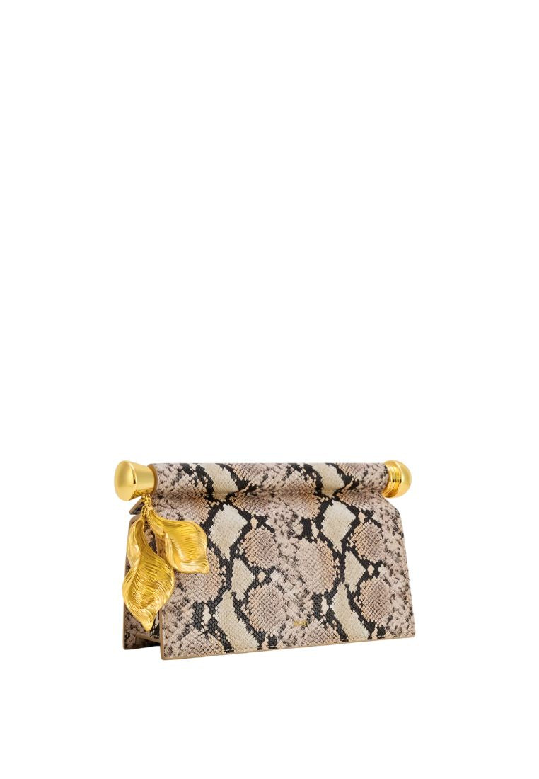 Holly Metal Pendant Embellished Snakeskin Clutch - Apricot