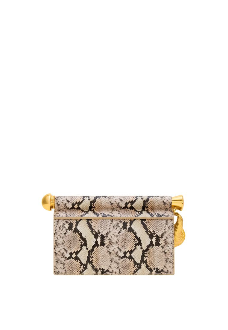 Holly Metal Pendant Embellished Snakeskin Clutch - Apricot