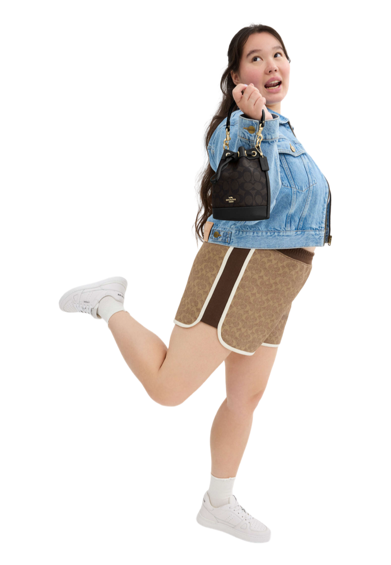 Mini Bucket Bag In Signature Canvas Gold Walnut Black