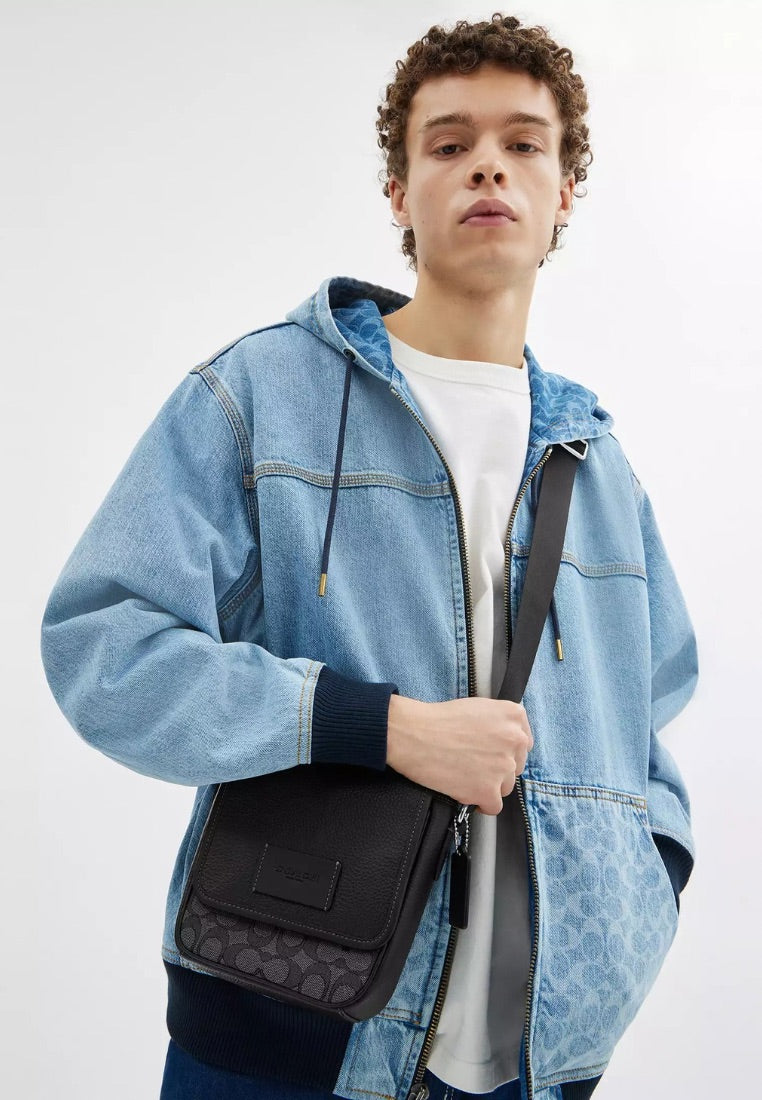 Lucas Crossbody Bag in Signature Jacquard Silver Charcoal Black