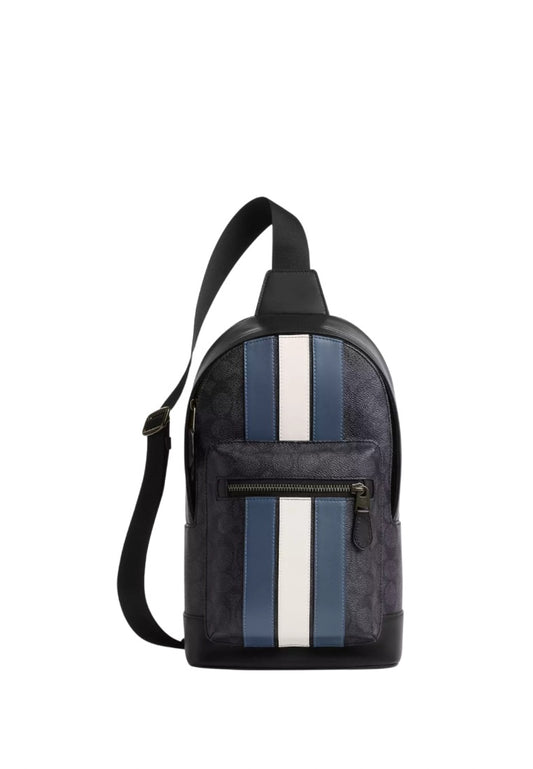 West Pack in Signature Canvas With Varsity Stripe Gunmetal Charcoal Denim Chalk