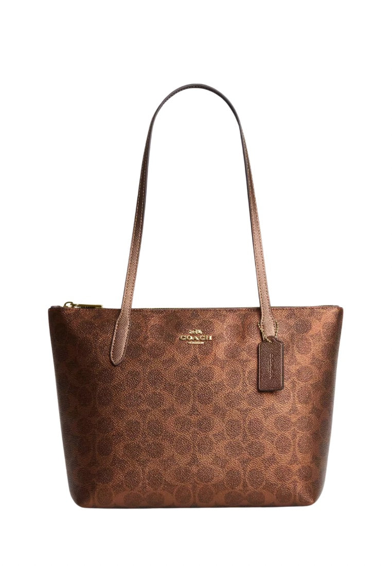 Fiona Zip Tote Bag In Signature Canvas Gold Brown Copper