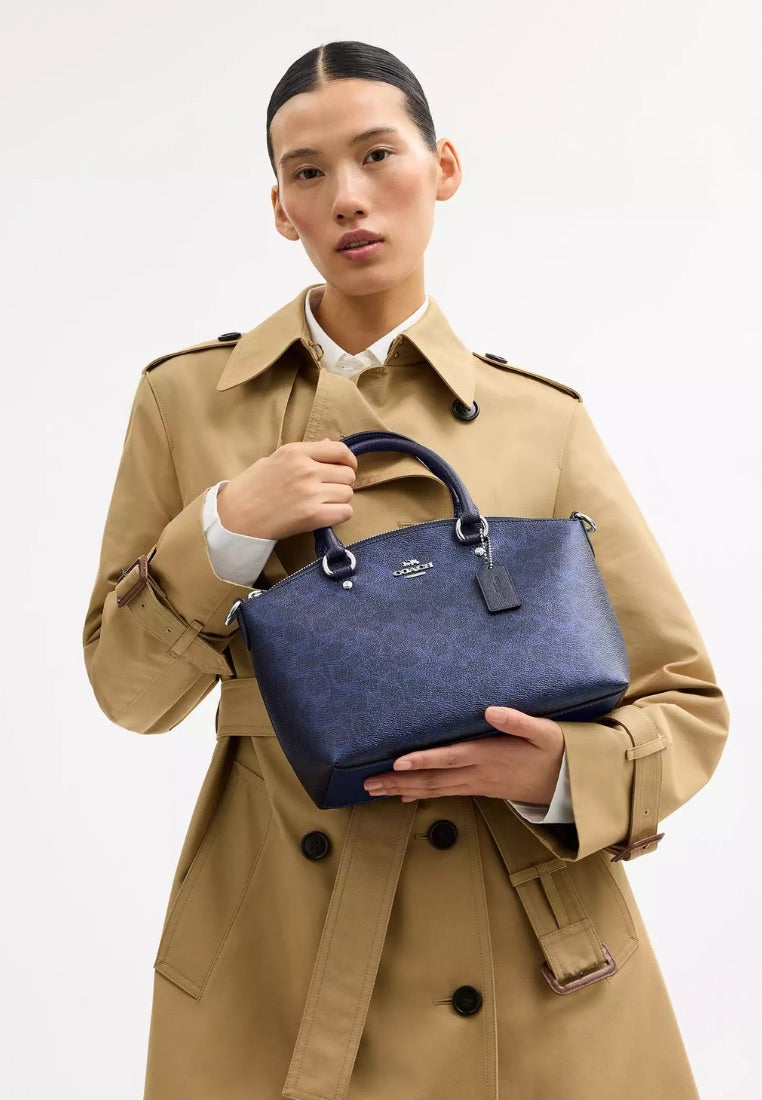 Sadie Satchel Bag In Signature Canvas Silver Blue Navy