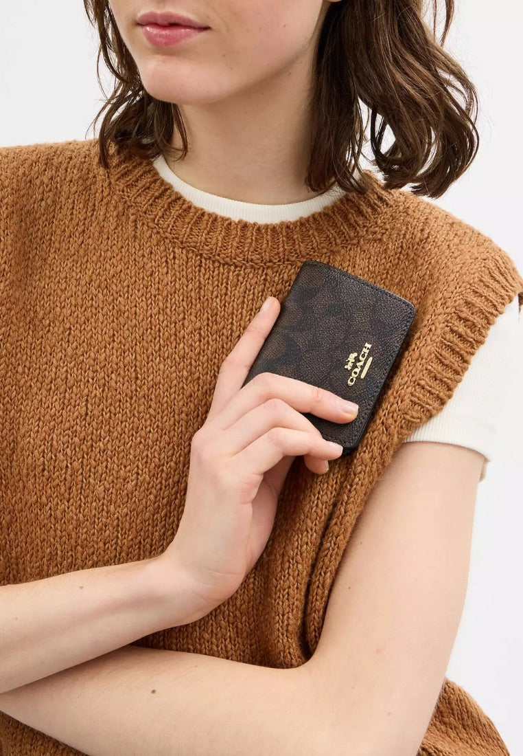 Mini Wallet On A Chain In Signature Canvas Gold Walnut Black