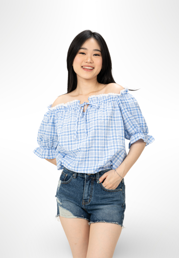 Korean Blue Plaid Top By Kerri Made in Korea