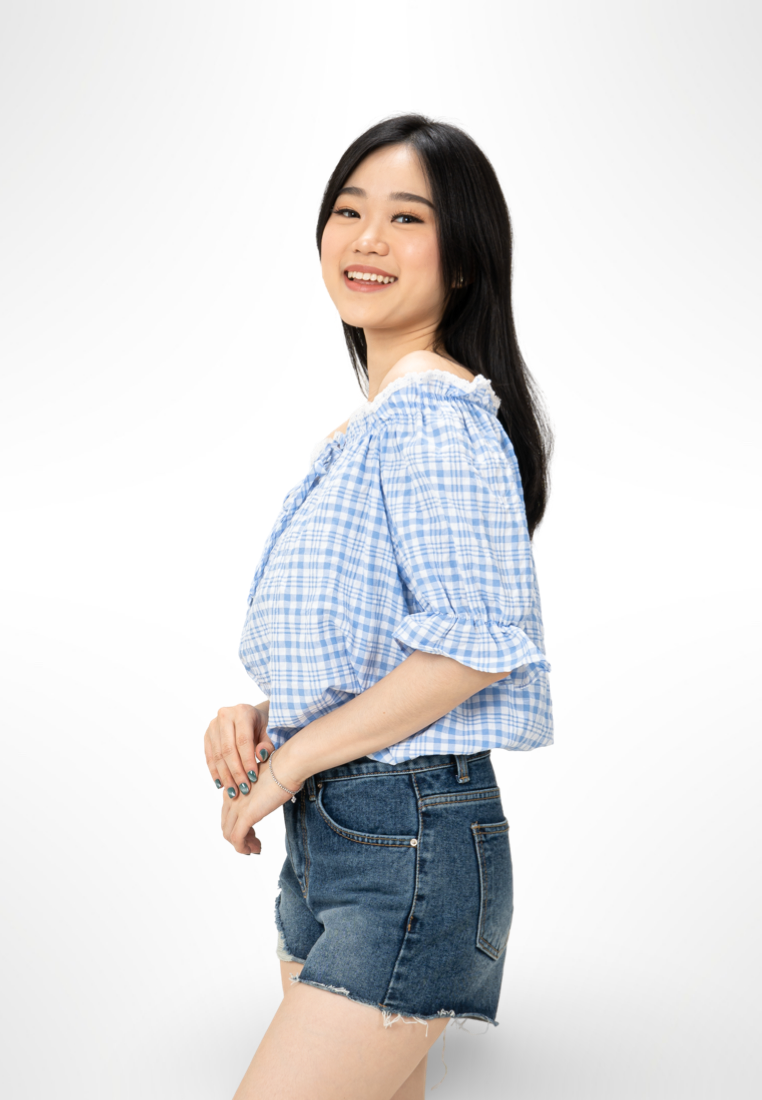 Korean Blue Plaid Top By Kerri Made in Korea