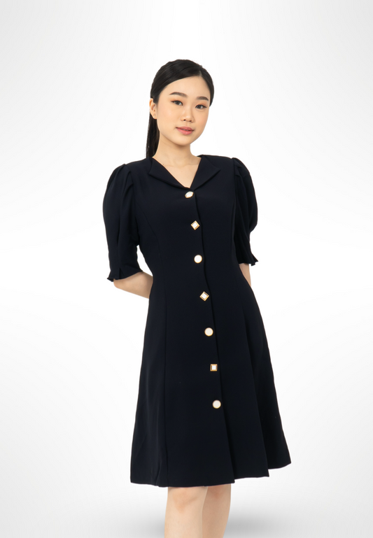 Korean Button Navy Dress By Bling
