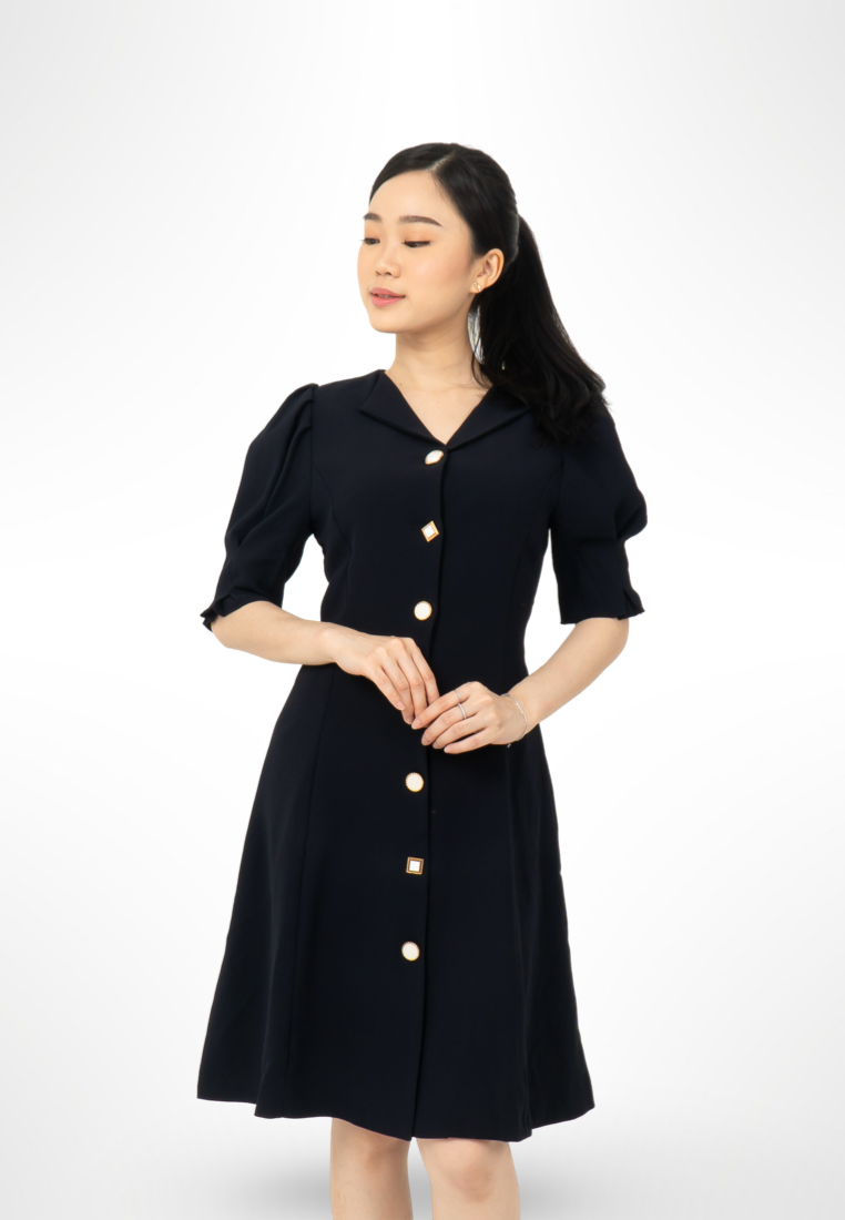 Korean Button Navy Dress By Bling