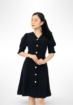 Korean Button Navy Dress By Bling