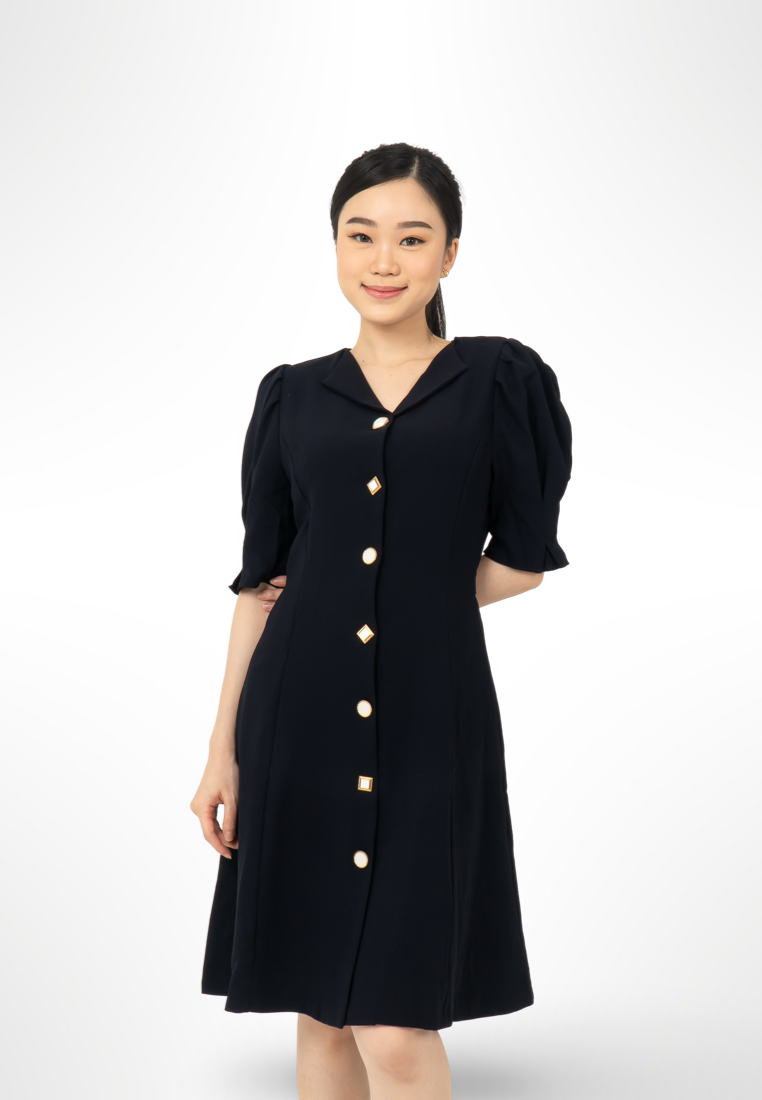 Korean Button Navy Dress By Bling