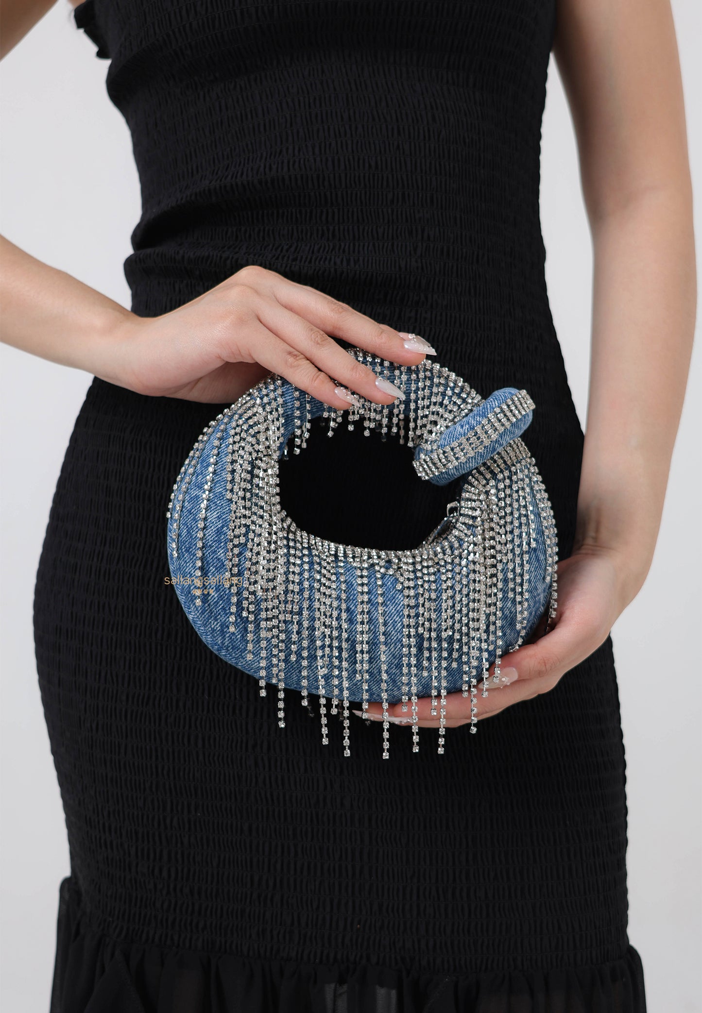 Abacus Denim Artificial Crystal Mini Top Handle Bag - Blue