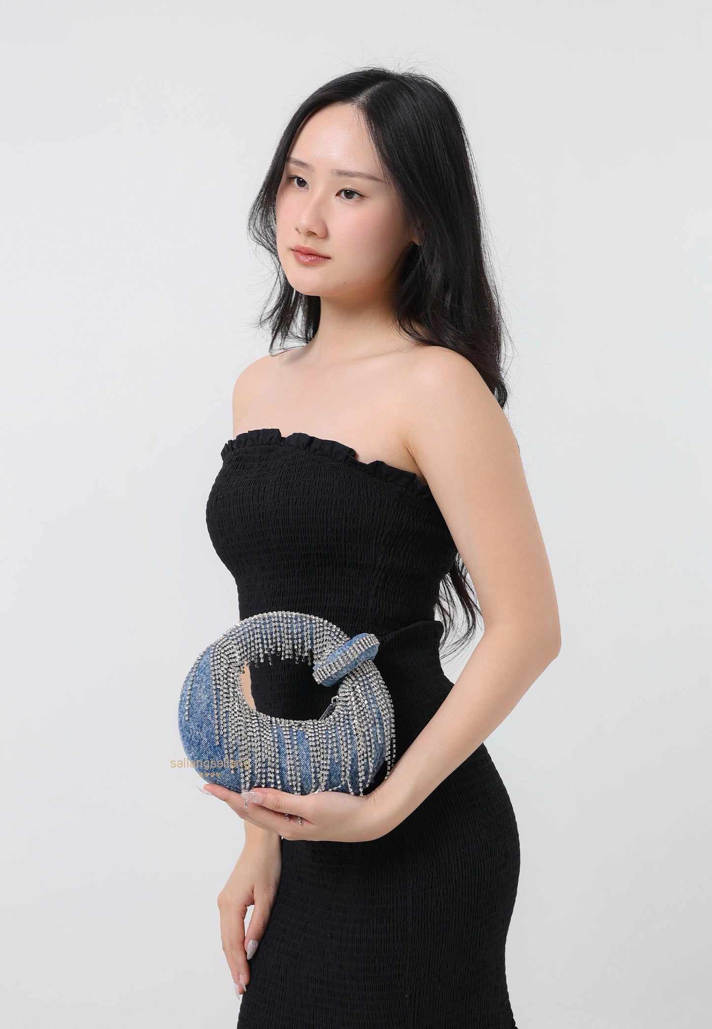 Abacus Denim Artificial Crystal Mini Top Handle Bag - Blue