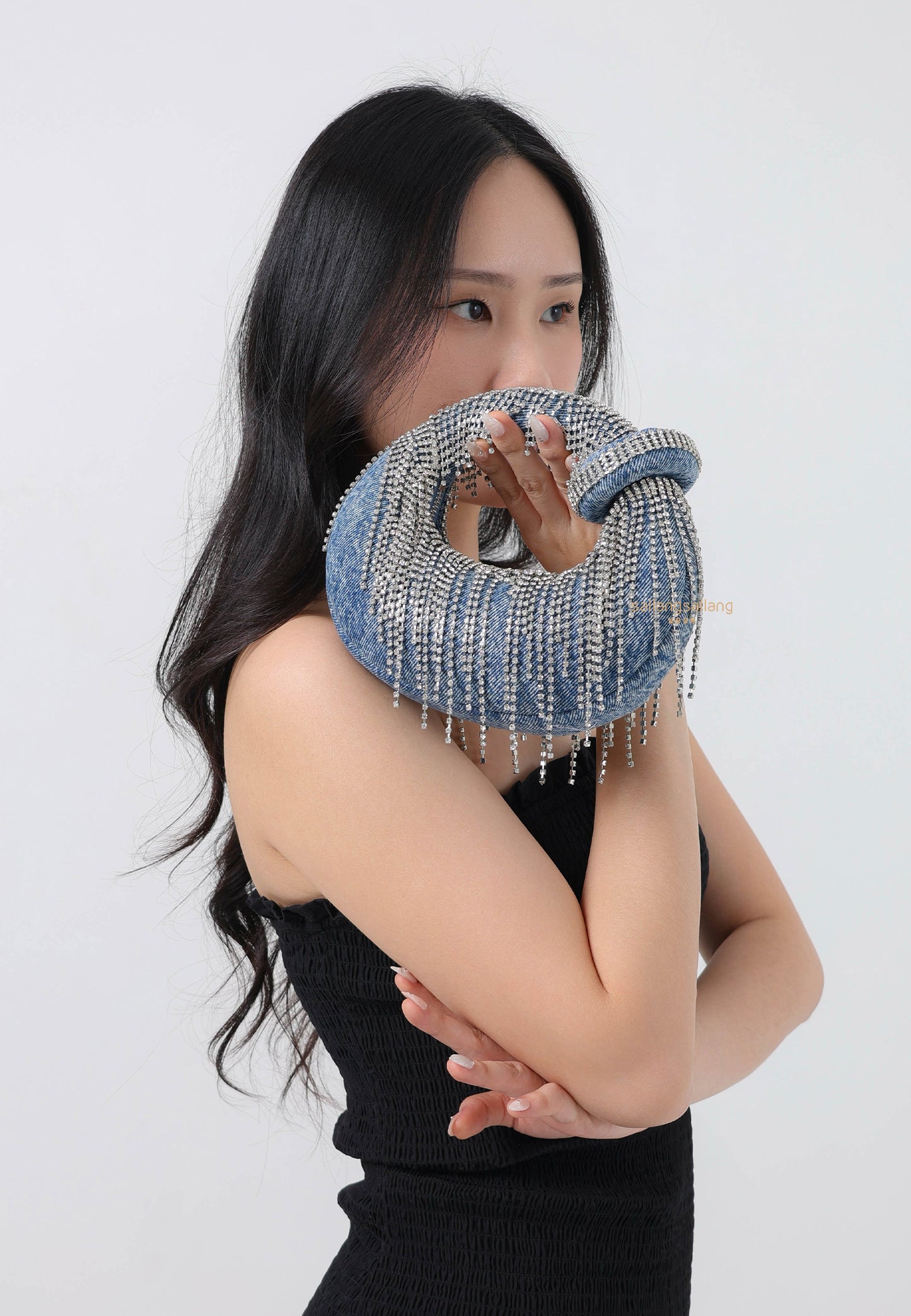 Abacus Denim Artificial Crystal Mini Top Handle Bag - Blue