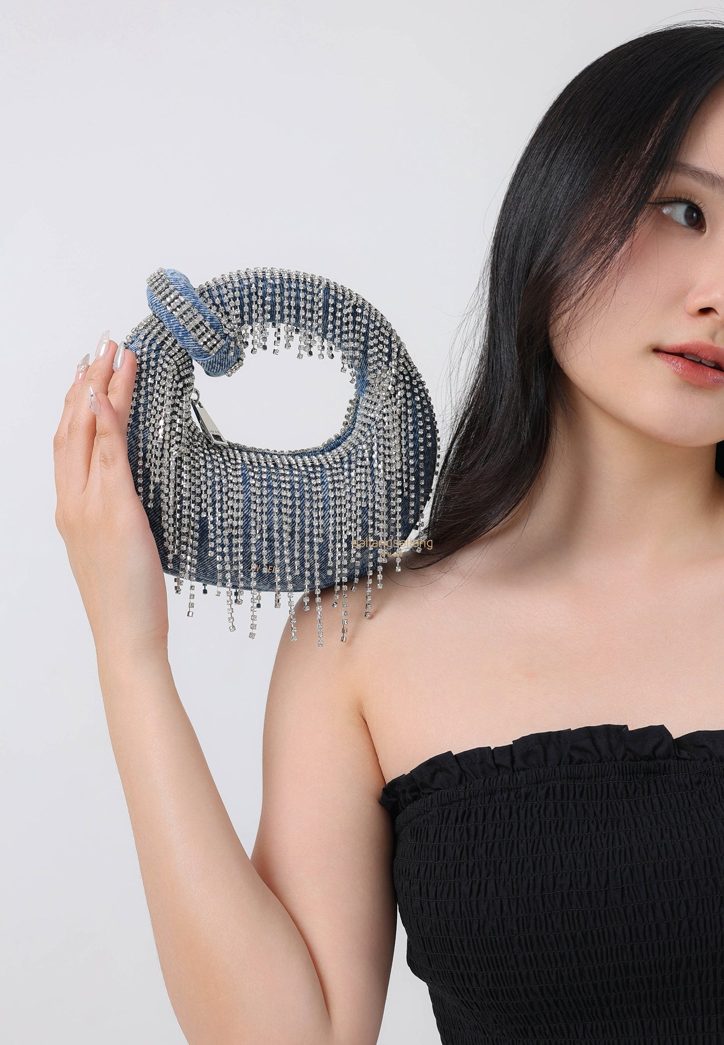 Abacus Denim Artificial Crystal Mini Top Handle Bag - Blue